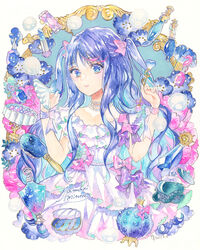  blue_background blue_eyes blue_gemstone blue_hair bow closed_mouth collarbone commentary_request dress female gem hair_brush hairbow hands_up jewelry looking_at_viewer multicolored_hair necklace original painting_(medium) pearl_necklace pink_bow signature simple_background smile solo tamaki_mitsune traditional_media two-tone_hair watercolor_(medium) white_background white_dress 