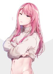  1boy ^^^ androgynous closed_mouth commentary_request highres holostars lipstick long_hair long_sleeves looking_at_viewer makeup male_focus navel no_pants pink_hair purple_eyes sidelocks so_ta_zzz solo sweater tsukishita_kaoru undressing upper_body virtual_youtuber white_background 