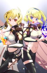  2girls :d absurdres black_pants black_thighhighs blonde_hair blue_eyes blue_hairband breasts cape citrinne_(fire_emblem) cleavage colored_inner_hair commentary_request constance_von_nuvelle fire fire_emblem fire_emblem:_three_houses fire_emblem_engage hairband high_collar highres large_breasts leggings long_sleeves looking_at_viewer midriff mu_tu_bu multicolored_hair multiple_girls navel open_mouth pants purple_hair red_eyes sage_outfit_(fire_emblem_engage) single_thighhigh smile standing stomach thighhighs thighs two-tone_hair wing_hair_ornament 