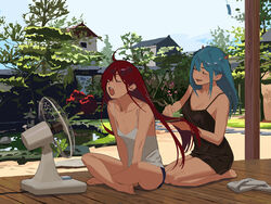  2girls barefoot black_camisole blue_hair blue_shorts brushing_another&#039;s_hair brushing_hair camisole closed_eyes crossed_legs day double-parted_bangs electric_fan highres hipa_(some1else45) legs long_hair multiple_girls nahia_(some1else45) open_mouth original outdoors short_shorts shorts sleeveless smile some1else45 tank_top teeth toes upper_teeth_only white_tank_top 