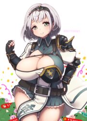  armor belt belt_buckle black_belt black_gloves black_hairband braid breasts buckle buttons chest_belt cleavage clenched_hand closed_mouth deto female fingerless_gloves gloves green_eyes grey_hair hairband hand_on_own_hip hand_up highres hololive huge_breasts looking_at_viewer mole mole_on_breast pauldrons shirogane_noel shirogane_noel_(1st_costume) short_hair shoulder_armor single_pauldron smile twitter_username virtual_youtuber wavy_hair 