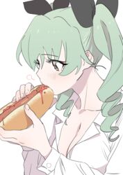  absurdres anchovy_(girls_und_panzer) bangs blush bread breasts brown_eyes cleavage collarbone collared_shirt dorontabi eating eyebrows_visible_through_hair female food from_side girls_und_panzer green_hair hair_between_eyes hair_ribbon highres hot_dog ketchup large_breasts long_hair open_clothes open_shirt ribbon shirt twintails 