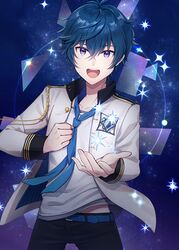  1boy :d belt bishounen blue_hair blue_neckwear blue_scarf chains commentary_request from_argonavis jacket male_focus mugi_(iccomae) nanahoshi_ren open_mouth outstretched_hand purple_eyes scarf smile solo sparkle star_(sky) 