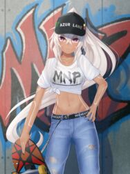  azur_lane baseball_cap belt black_belt black_bra black_hat black_nails bodypaint bra breasts closed_mouth clothes_writing collarbone commentary_request cowboy_shot crossed_bangs dark-skinned_female dark_skin denim drop_shadow facepaint female graffiti groin hair_between_eyes hand_on_own_hip hat high_ponytail holding holding_skateboard jeans long_hair looking_at_viewer medium_breasts midriff minneapolis_(azur_lane) minneapolis_(extreme_games)_(azur_lane) navel official_alternate_costume pants ponytail red_eyes see-through shirt short_sleeves sidelocks sigeranai skateboard solo standing t-shirt tied_shirt torn_clothes torn_pants underwear very_long_hair wall white_hair white_shirt 