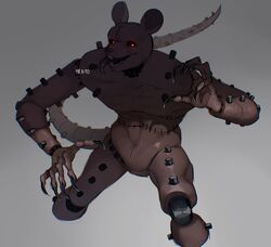  2022 animatronic anthro artist_name brown_body brown_fur buckteeth claws digital_media_(artwork) fazbear_fanverse featureless_crotch fingers five_nights_at_candy&#039;s five_nights_at_candy&#039;s_3 fur glowing glowing_eyes grey_background hi_res kato200_0 long_tail looking_at_viewer machine male mammal monster_rat_(fnac) murid murine muscular muscular_anthro muscular_male rat red_eyes robot rodent signature simple_background smile solo standing stitch_(sewing) tail teeth tongue tongue_out whiskers 