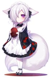  aika_(konshin) animal_ears artist_name black_footwear female floral_print fox_ears fox_tail hair_over_one_eye konshin long_hair maid original pantyhose purple_eyes short_hair_with_long_locks solo tail tray white_background white_hair white_pantyhose wide_sleeves 