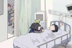  5boys bandana bed blanket blue_hair bouquet digimon digimon_frontier door electrical_outlet female flower goggles highres himi_tomoki hospital hospital_bed kanbara_takuya kimura_kouichi minamoto_kouji multiple_boys orimoto_izumi shibayama_junpei striped tantanmen 