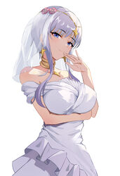  absurdres baige0 bare_shoulders blue_eyes breasts choker cowboy_shot dress earrings female flower goddess_(ansatsu_kizoku) hair_flower hair_ornament hand_on_own_face headpiece highres jewelry large_breasts necklace sekai_saikou_no_ansatsusha_isekai_kizoku_ni_tensei_suru star_(symbol) star_earrings star_necklace upper_body veil white_background white_dress white_hair 