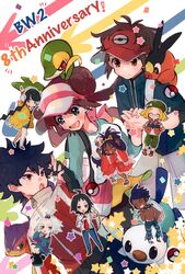  4boys 4girls ahoge bianca_(pokemon) black_gloves black_hair brown_eyes brown_hair cheren_(pokemon) closed_mouth commentary confetti elesa_(pokemon) fingerless_gloves gloves iris_(pokemon) jacket liepard long_hair marlon_(pokemon) misha_(ohds101) multiple_boys multiple_girls nate_(pokemon) on_head oshawott own_hands_together pokemon pokemon_(creature) pokemon_bw2 pokemon_on_head red_headwear red_jacket rosa_(pokemon) roxie_(pokemon) shirt short_hair smile snivy spiked_hair star_(symbol) tepig twintails visor_cap white_shirt zipper_pull_tab 