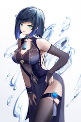  absurdres aqua_eyes asymmetrical_gloves bare_shoulders black_gloves black_nails black_thighhighs blue_dress blue_hair blunt_bangs bob_cut breasts bridal_gauntlets brooch china_dress chinese_clothes commentary_request cowboy_shot dice dress elbow_gloves female genshin_impact gloves gradient_background grey_background highres jewelry large_breasts looking_at_viewer mcoco7 nail_polish parted_lips partial_commentary short_hair side_slit sleeveless sleeveless_dress smile solo standing thigh_strap thighhighs thighs vision_(genshin_impact) water white_background yelan_(genshin_impact) 