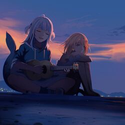  2girls animal_hood blonde_hair blue_eyes blue_hair blue_hoodie blunt_bangs city_lights closed_eyes earrings fins fish_tail frilled_shirt frills gawr_gura gawr_gura_(1st_costume) guitar hair_ornament hairclip heart heart_earrings high_heels highres hololive hololive_english hood hoodie instrument jewelry kaihaku_(kaihaku2001) looking_at_another medium_hair multicolored_hair multiple_girls music official_alternate_costume on_ground pantyhose shark_girl shark_hair_ornament shark_hood shark_tail sharp_teeth shirt shoes singing sitting skirt smile sneakers streaked_hair tail teeth twilight two_side_up unworn_shoes virtual_youtuber watson_amelia watson_amelia_(street_casual) white_footwear white_hair white_shirt wide_sleeves 