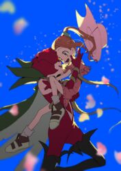  2girls :d absurdres bare_shoulders black_footwear blue_background blurry blurry_foreground blush boots breasts brown_eyes brown_gloves brown_hair cape capelet carrying carrying_person center_opening clothing_cutout commentary covered_eyes cowboy_shot digimon digimon_(creature) digimon_adventure dress elbow_gloves flower formal full_body gloves green_cape green_scrunchie hair_ornament hair_scrunchie hat highres long_hair looking_at_another mask multiple_girls navel navel_cutout open_mouth parted_bangs petals pink_capelet pink_dress pink_headwear ponytail red_gloves red_suit rosemon scrunchie shoes simple_background smile socks suit tachikawa_mimi tantanmen thigh_boots thighhighs thorns 