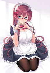  apron black_dress black_pantyhose blue_eyes blush bow breasts commentary_request dress female frills glasses heart heart_hands long_hair looking_at_viewer maid maid_apron maid_headdress medium_breasts nekokobushi original pantyhose red_bow red_hair sitting smile solo very_long_hair white_apron 