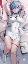  absurdres ako_(blue_archive) armpits arms_up blue_archive blue_eyes blue_hair blush breasts closed_mouth covered_navel dress female foot_out_of_frame highres large_breasts looking_at_viewer lying medium_hair official_alternate_costume on_back red_ribbon ribbon sleeveless solo thighs utnapishtim_operator_uniform_(blue_archive) white_dress white_footwear yj_(yojo_san) 