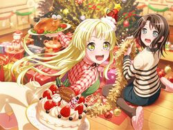  2girls :d bang_dream! blonde_hair box brown_hair cake christmas christmas_cake christmas_lights christmas_ornaments christmas_tree commentary_request diagonal_bangs food fruit gift gift_box grey_eyes hair_ornament hairclip hat korean_commentary long_hair looking_at_viewer looking_to_the_side medium_hair michelle_(bang_dream!) mini_hat miniskirt multiple_girls official_art okusawa_misaki pantyhose plaid plaid_shirt running santa_hat shirt sitting skirt slippers smile strawberry striped_clothes striped_sweater stuffed_animal stuffed_toy sweatdrop sweater teddy_bear teeth third-party_source tsurumaki_kokoro turkey_(food) upper_teeth_only yellow_eyes 