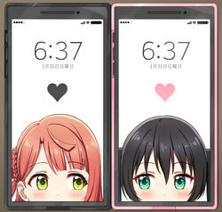  2girls black_hair blush braid cellphone cellphone_photo commentary deadnooodles green_eyes heart ios_(os) iphone looking_at_another looking_at_viewer love_live! love_live!_nijigasaki_high_school_idol_club multiple_girls phone screen short_hair sideways_glance smartphone symbol-only_commentary takasaki_yu translated uehara_ayumu white_background 