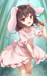  animal_ears bamboo bamboo_forest bangs barefoot brown_hair carrot_necklace dress female forest inaba_tewi kedama_milk leg_up looking_at_viewer nature official_art open_mouth outdoors pink_dress rabbit_ears rabbit_tail red_eyes short_hair short_sleeves solo tail third-party_source touhou touhou_cannonball upper_body 