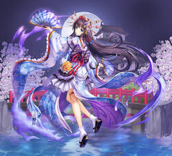  amanami_(revived_witch) architecture back_bow black_hair blue_eyes bow bridge cherry_blossoms dual_wielding east_asian_architecture female floral_print folding_fan full_body full_moon hair_ornament hair_ribbon hair_stick hand_fan holding holding_fan japanese_clothes kimono long_hair looking_back lunacle moon night night_sky obi official_art red_ribbon revived_witch ribbon sash sky solo tabi thigh_strap water wide_sleeves yukata 