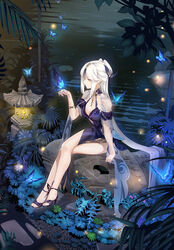  absurdres bare_legs bare_shoulders breasts bug butterfly butterfly_on_hand china_dress chinese_clothes cleavage crossed_legs dress female flower genshin_impact hair_ornament high_heels highres long_hair looking_to_the_side medium_breasts night ningguang_(genshin_impact) ningguang_(orchid&#039;s_evening_gown)_(genshin_impact) official_alternate_costume outdoors parted_bangs pumps red_eyes sitting solo strappy_heels tassel tassel_hair_ornament thighs toes very_long_hair water white_hair yewang19 