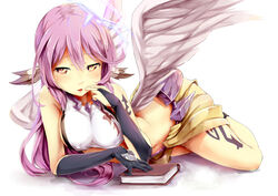  angel angel_wings animal_ears bird_ears book breasts commentary covered_nipples english_commentary feathered_wings female halo hand_to_own_mouth jibril_(no_game_no_life) large_breasts long_hair looking_at_viewer lying magic_circle multicolored_eyes navel no_game_no_life on_side orange_eyes packge photoshop_(medium) pink_eyes pose purple_eyes purple_hair red_eyes shirt solo spiked_halo tattoo taut_clothes taut_shirt wing_ears wings yellow_eyes 