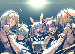  5girls ^_^ animal_ears artist_name backless_outfit blonde_hair blue_hair blush breasts closed_eyes closed_mouth commentary detached_sleeves double_bun green_hair grey_hair grin hair_between_eyes hair_bun hand_on_another&#039;s_head hikosan hololive hololive_fantasy hololive_fantasy_anniversary_outfit houshou_marine hug idol light light_blue_hair long_hair medium_breasts medium_hair multiple_girls official_alternate_costume open_mouth ponytail profile rabbit_ears red_hair shiranui_flare shirogane_noel short_hair signature smile teeth thick_eyebrows tiara twintails upper_body upper_teeth_only uruha_rushia usada_pekora virtual_youtuber 