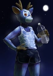  animal_crossing anthro antlers ateni bam_(animal_crossing) blue_body blue_fur bodily_fluids bottle clothed clothing container deer fur hi_res horn looking_at_viewer male mammal moon night nintendo shirt solo star sweat tank_top topwear water_bottle wet wet_clothing wet_shirt wet_topwear 