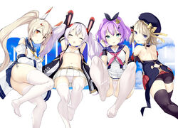  4girls :o armpit_crease armpits ass ayanami_(azur_lane) ayanami_(retrofit)_(azur_lane) azur_lane backless_dress backless_outfit bare_shoulders belt beret bike_shorts black_thighhighs blonde_hair blue_bow blue_eyes blue_skirt blush bow breasts cameltoe closed_eyes commentary_request cross_hair_ornament crown detached_sleeves dress feet flat_chest full_body green_eyes hair_ornament hairbow hat highres javelin_(azur_lane) javelin_(retrofit)_(azur_lane) laffey_(azur_lane) laffey_(retrofit)_(azur_lane) legs_apart light_purple_hair long_hair looking_at_viewer lying mini_crown multiple_girls navel neckerchief no_shoes ochinsama on_back on_side on_stomach open_mouth orange_eyes panties pantyshot pink_neckerchief platinum_blonde_hair pleated_skirt ponytail purple_hair sailor_collar shoulder_blades sideboob skirt sleeping small_breasts smile stomach thighhighs toes twintails underwear white_panties white_skirt white_thighhighs yellow_neckerchief z23_(azur_lane) z23_(retrofit)_(azur_lane) zettai_ryouiki 