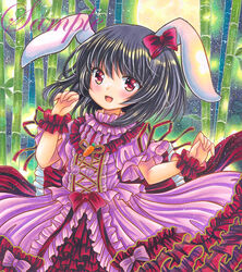  adapted_costume animal_ears bamboo black_hair bow carrot_pin cross-laced_clothes dress female frilled_dress frills green_background head_tilt inaba_tewi looking_at_viewer marker_(medium) medium_hair moon outdoors pink_dress puffy_short_sleeves puffy_sleeves rabbit_ears red_bow red_eyes rui_(sugar3) sample_watermark short_sleeves solo touhou traditional_media watermark wrist_cuffs 