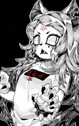  666 animal_ears black_background black_claws bracer cat_ears cat_girl claire_d&#039;lune claws female furry furry_female goth_fashion hb_091 inverted_pentagram long_hair monochrome open_mouth shirt simple_background slit_pupils solo teeth the_summoning white_fur 