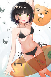  absurdres bad_id bad_pixiv_id ball beachball bikini black_bikini black_hair breasts canizzz commentary_request feet_out_of_frame female green_eyes halterneck highres innertube korean_commentary looking_at_viewer oerba_yun_fang open_mouth original short_hair side-tie_bikini_bottom small_breasts smile solo string_bikini swim_ring swimsuit white_background 