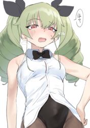  absurdres anchovy_(girls_und_panzer) bangs bare_arms bare_shoulders black_bow black_leotard black_neckwear black_ribbon blush bow bowtie breasts brown_legwear dorontabi eyebrows_visible_through_hair female from_below girls_und_panzer green_hair hair_ribbon hand_on_hip highleg highleg_leotard highres leotard leotard_under_clothes long_hair looking_at_viewer looking_down oerba_yun_fang open_mouth pantyhose red_eyes ribbon shirt simple_background sleeveless sleeveless_shirt small_breasts solo sweat twintails white_background white_shirt 