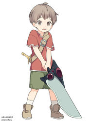  1boy arakokra brown_eyes brown_hair commentary_request fantasy heavy highres hilt lolicon looking_down male_focus original red_shirt shirt shorts socks solo sword weapon white_background 