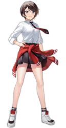  azur_lane banxuan_c2ka black_skirt brown_hair cardigan cardigan_around_waist clothes_around_waist female full_body grey_eyes gridman_universe looking_at_viewer miniskirt namiko necktie official_art red_cardigan red_necktie school_uniform shirt short_hair skirt solo ssss.gridman tachi-e transparent_background white_footwear white_shirt 