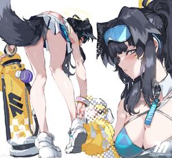  animal_ears bent_over black_hair blue_archive blue_eyes blue_skirt breasts character_name cheerleader cleavage clothes_writing dog_ears dog_girl dog_tail eyewear_on_head female from_behind halo hibiki_(blue_archive) hibiki_(cheer_squad)_(blue_archive) holding holding_pom_poms kumonji_aruto legs looking_at_viewer medium_breasts millennium_cheerleader_outfit_(blue_archive) multiple_views official_alternate_costume parted_lips pom_pom_(cheerleading) ponytail shoes simple_background skirt sneakers standing sunglasses tail tail_under_clothes two-tone_skirt upper_body white_background white_footwear white_skirt 