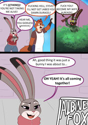  albinefox anthro antisemitism canid canine dialogue disney english_text eyewear fan_character female fox gideon_grey goggles group gun hi_res judy_hopps lagomorph leporid male mammal profanity rabbit ranged_weapon red_fox simple_background speech_bubble text thick_thighs triple_parentheses true_fox weapon zootopia 