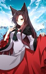  animal_ears bangs blue_flower brooch brown_hair closed_mouth clothes_lift cloud dress dress_lift female flower imaizumi_kagerou jewelry lifted_by_self long_hair looking_at_viewer official_art red_dress red_eyes roh_nam_kyung sky smile solo standing third-party_source touhou touhou_cannonball two-tone_dress white_dress wolf_ears 