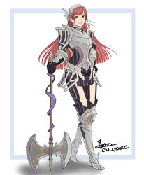  armor axe black_dress black_gloves bracer breastplate cherche_(fire_emblem) cm_lynarc commentary dress female fire_emblem fire_emblem_awakening full_body gloves greaves grey_hairband hairband helswath highres long_hair looking_at_viewer pauldrons red_eyes red_hair shoulder_armor simple_background smile solo standing very_long_hair weapon white_background 