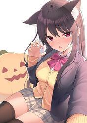  animal_ear_fluff animal_ears black_hair black_jacket black_thighhighs blazer blush bow bowtie breasts cardigan cat_ears commentary_request female halloween jacket long_hair looking_at_viewer medium_breasts nekokobushi open_mouth original plaid plaid_skirt pleated_skirt pumpkin red_bow red_eyes school_uniform simple_background skirt sleeves_past_wrists solo thighhighs white_background yellow_cardigan 