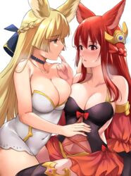  2girls animal_ears anthuria bare_shoulders black_legwear blonde_hair blush bow braid breast_press breasts choker cleavage collarbone commission covered_navel detached_sleeves dress erune finger_in_another&#039;s_mouth granblue_fantasy hair_between_eyes hair_ornament hand_on_another&#039;s_face hand_on_another&#039;s_stomach kauru00 large_breasts looking_at_another multiple_girls open_mouth red_bow red_dress red_eyes red_hair simple_background sleeveless strapless thighhighs white_background white_dress yellow_eyes yuisis_(granblue_fantasy) yuri 