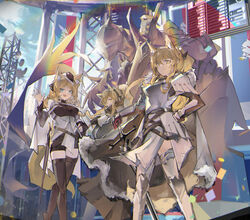  3girls :d absurdres animal_ear_fluff animal_ears aqua_eyes arknights armor aunt_and_niece belt black_legwear black_sleeves blemishine_(arknights) blonde_hair blunt_bangs cape cloak closed_mouth commentary_request confetti cross-laced_clothes feet_out_of_frame flag fur_trim hair_ornament hand_on_own_hip hat headphones highres holding holding_sword holding_weapon horse_ears horse_girl horse_tail jumbowhopper legs_apart long_hair looking_at_viewer multiple_girls nearl_(arknights) oerba_yun_fang open_mouth outdoors ponytail rainbow_gradient scoreboard siblings sisters skin_fang smile sparkle standing sunlight sword tail thighhighs waving weapon whislash_(arknights) white_legwear yellow_eyes 