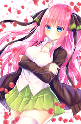  absurdres black_cardigan black_ribbon blue_eyes blunt_bangs blush breasts butterfly_hair_ornament cardigan cleavage collarbone crossed_arms female go-toubun_no_hanayome green_skirt hair_ornament highres hime_cut large_breasts long_hair looking_at_viewer multicolored_nails nail_polish nakano_nino open_cardigan open_clothes petals pink_hair pleated_skirt pout ribbon school_uniform shirt simple_background skirt solo thick_thighs thighhighs thighs two_side_up v-shaped_eyebrows very_long_hair white_shirt white_thighhighs xx_momomo_xx zettai_ryouiki 