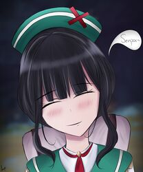  absurdres abysssian black_hair blurry blush closed_eyes depth_of_field english_commentary english_text facing_viewer female genshin_impact green_headwear green_shirt highres necktie red_necktie shirt signature smile speech_bubble zhiqiong_(genshin_impact) 