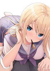  1boy black_pants blonde_hair blue_eyes blue_sailor_collar blue_skirt blush breasts commentary_request female food food_in_mouth long_hair looking_at_viewer neckerchief nekokobushi original pants pleated_skirt pocky purple_neckerchief sailor_collar school_uniform serafuku shirt simple_background skirt twitter_username white_background white_shirt 