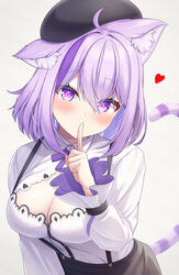  animal_ear_fluff animal_ears beret blush breasts cat_ears cat_girl cat_tail cleavage commentary_request female hat heart highres hololive large_breasts looking_at_viewer medium_hair multicolored_hair nekomata_okayu nekomata_okayu_(wonderland) official_alternate_costume purple_eyes purple_hair simple_background solo suicabar72 suspenders tail two-tone_hair virtual_youtuber white_background 