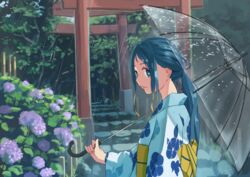  absurdres alternate_costume alternate_hairstyle blue_eyes blue_hair closed_mouth female floral_print flower from_side gradient_hair highres holding holding_umbrella hydrangea japanese_clothes kantai_collection kimono laminar_flow long_hair looking_at_viewer looking_to_the_side morning_glory_print multicolored_hair multiple_torii outdoors ponytail purple_flower rain samidare_(kancolle) sidelocks sideways_glance solo stairs stone_stairs torii transparent transparent_umbrella umbrella umbrella_over_shoulder upper_body yukata 