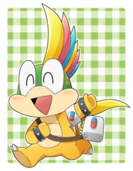  1boy :d ^_^ blush border bracelet closed_eyes commentary_request dr._lemmy_koopa dr._mario_(game) dr._mario_world full_body happy jewelry katanagi1129 koopalings lemmy_koopa male_focus mario_(series) multicolored_hair open_mouth outside_border patterned_background smile solo spiked_bracelet spikes white_border 