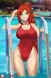  1girls cassie_(paladins) cawfield clothed clothed_female detailed_background female freckles green_eyes hi-rez_studios hourglass_figure large_breasts looking_at_viewer one-piece_swimsuit outside paladins patreon_username pool red_hair smile solo solo_female swimsuit wet wet_body wide_hips 