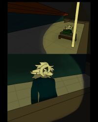  anthro black_clothing black_legwear blue_clothing blue_eyes blue_shirt blue_topwear building chair clothing crate dragon femboy foggy_background furniture hair hi_res house legwear male male/male mythological_creature mythological_scalie mythology raganlier raganlier_(character) scalie shirt solo topwear white_body white_hair 