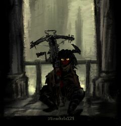  black_hair black_teeth boots border bracketsxxx building cleft_lip clip_studio_paint_(artwork) cloak clothing crossbow demon detailed_background digital_media_(artwork) digital_painting_(artwork) female footwear hair holding_object holding_weapon horn humanoid imp looking_at_viewer painting_(artwork) pillar pupils railing ranged_weapon red_body red_sclera scales shoes short_stack signature sitting slit_pupils smile smiling_at_viewer solo spider_web teeth weapon wraps yellow_eyes 