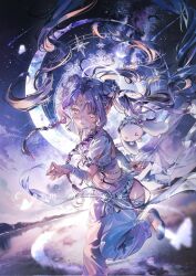  &gt;_&lt; braid bug butterfly clothing_cutout comet commission female floating_hair frilled_hairband frills gem hair_bun hair_ornament hairband highres long_hair looking_at_viewer midriff mouth_veil navel original parted_bangs purple_eyes purple_gemstone purple_hair rabbit ribbon short_sleeves sidelocks sky star_(sky) starry_sky thigh_cutout twin_braids veil yp1091 